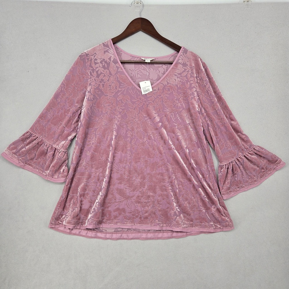 Cato NWT Large Burnout Velvet Floral V-Neck Bell Sleeve Top Womens Blush